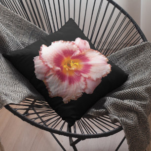 Pink Daylily Bloom on Black Floral Outdoor Pillow