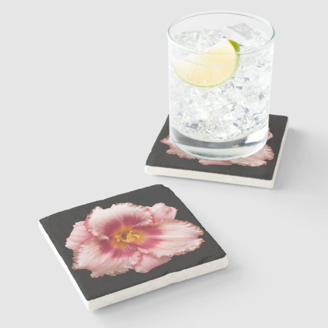 Pink Daylily Bloom on Black Floral Stone Coaster (Side)