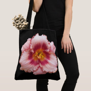 Pink Daylily Bloom on Black Floral Tote Bag