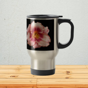 Pink Daylily Bloom on Black Floral Travel Mug