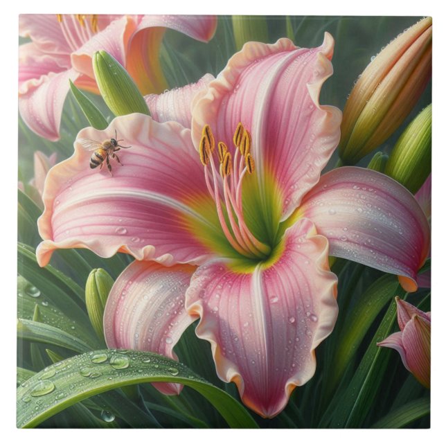 Pink Daylily Floral Tile (Front)