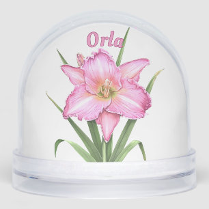 Pink Daylily Flower Botanical Art Personalized Snowglobe