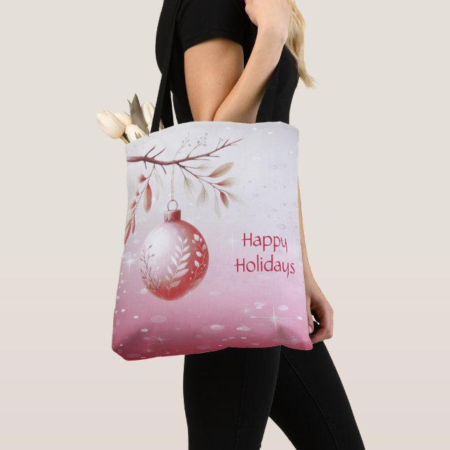 Pink Decorative Christmas Ball Holiday Tote Bag (Close Up)