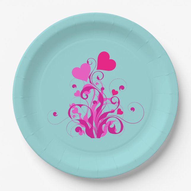 Pink Decorative Hearts with Swirls and Curls Paper Plate (Front)