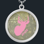 Pink Deer Head & Camouflage Necklace<br><div class="desc">A necklace featuring an illustration of a pink deer head over a background of camouflage.  Personalize with your name.</div>