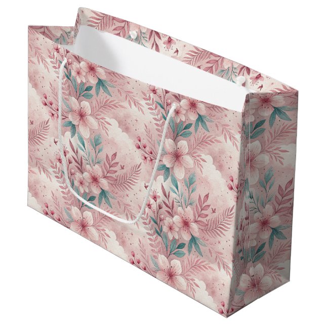 Pink Delicate Flowers Large Gift Bag (Front Angled)
