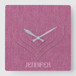 Pink Denim Jeans Fabric 3 Hearts Personalized Name Square Wall Clock