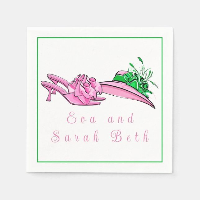 Pink Derby Hat & Heels / Personalized Script Names Napkin (Front)