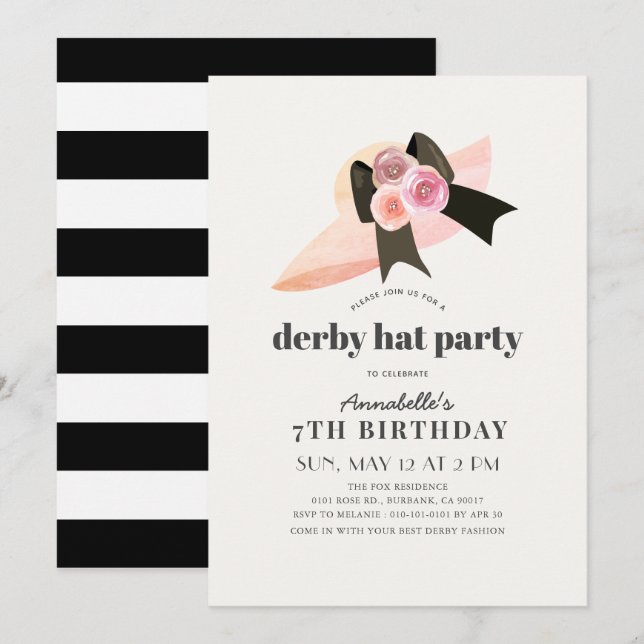 Pink Derby Hat Rose Girl Birthday Party Invitation (Front/Back)
