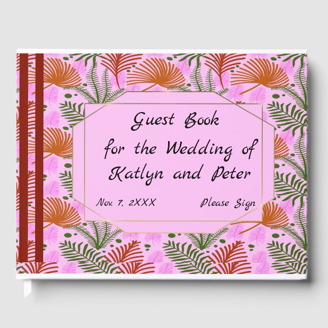 Pink Design with Colourful Leaves Guest Book (Front)