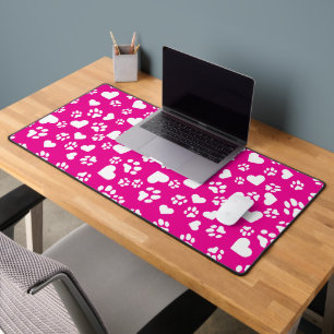 Pink Desk Mat with White Paw Prints Hearts Pattern