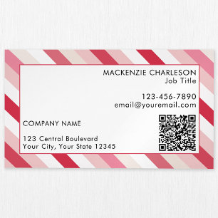 Pink Diagonal Candy Stripe QR Code Magnetic Business Card