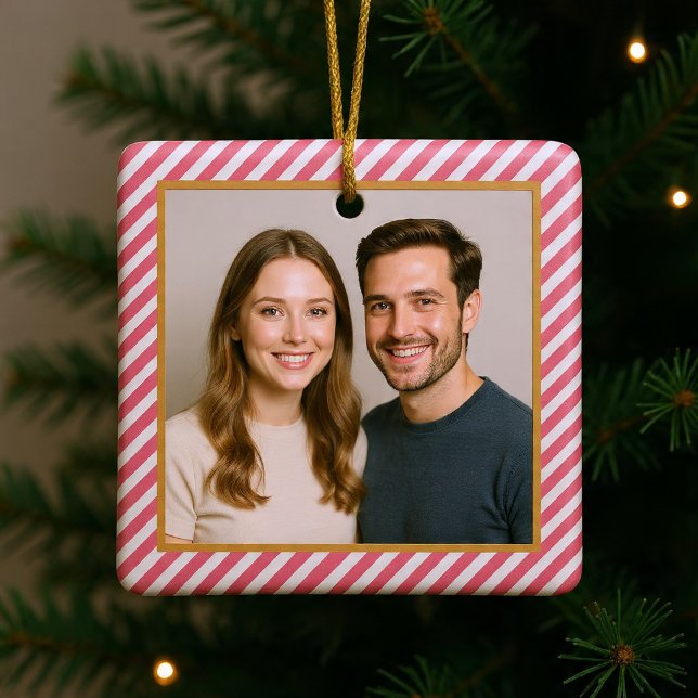 Pink Diagonal Stripe Photo Frame Ceramic Ornament (Creator Uploaded)