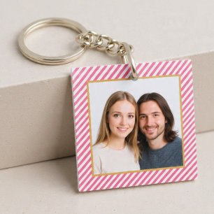 Pink Diagonal Stripe Photo Frame Keychain