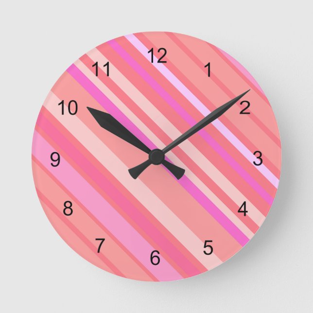 Pink Diagonal Stripes Round Clock (Front)