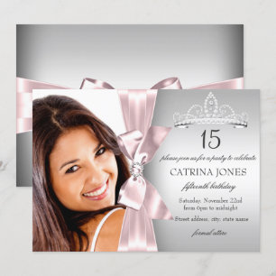 Pink Diamond Bow & Tiara Quinceanera Invite