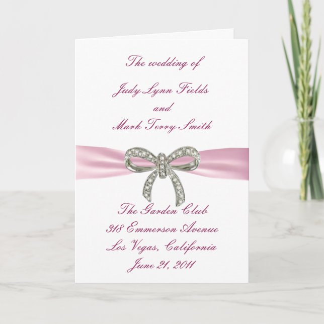 Pink Diamond Bow Wedding Program Card (Front)