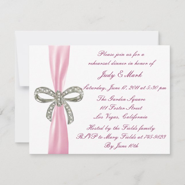 Pink Diamond Bow Wedding Rehearsal Dinner Invite (Front)