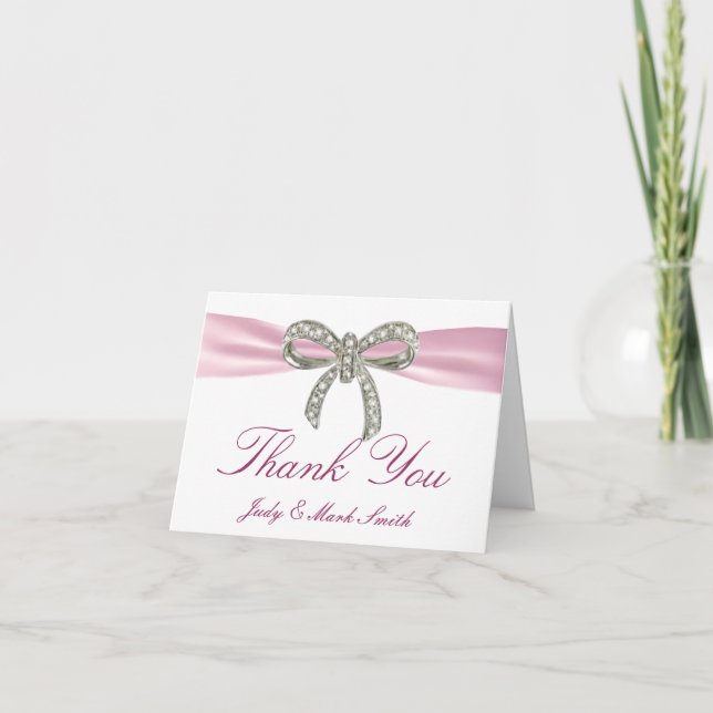 Pink Diamond Bow Wedding Thank You Card (Front)