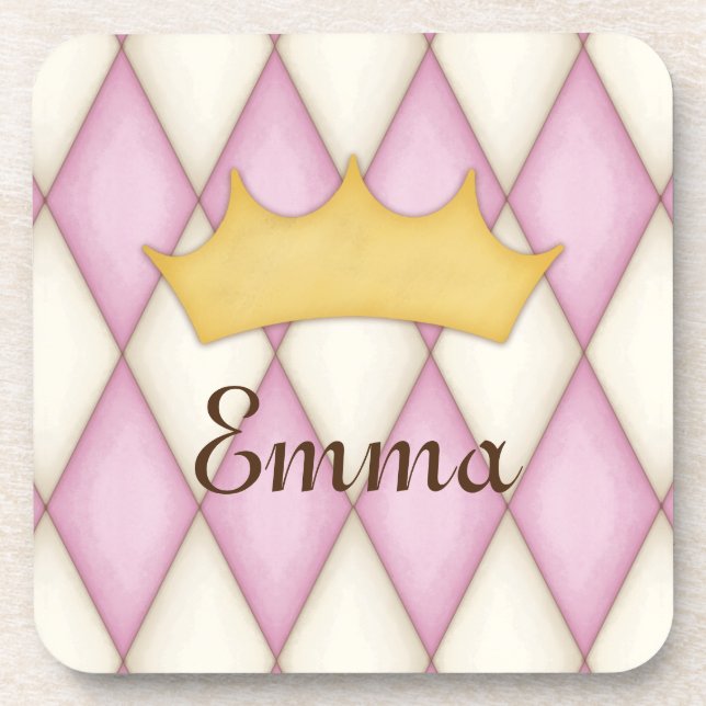 Pink Diamond Check Personalized Name Princess Coaster (Front)
