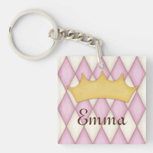 Pink Diamond Check Personalized Name Princess Keychain