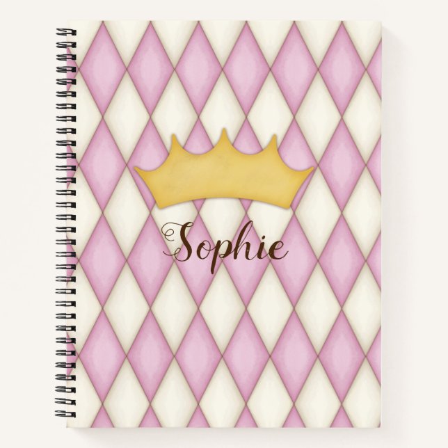 Pink Diamond Check Personalized Name Princess Notebook (Front)