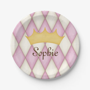 Pink Diamond Check Personalized Name Princess Paper Plate