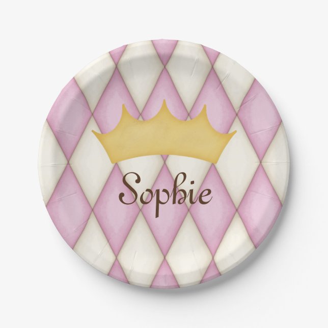 Pink Diamond Check Personalized Name Princess Paper Plate (Front)