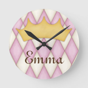 Pink Diamond Check Personalized Name Princess Round Clock
