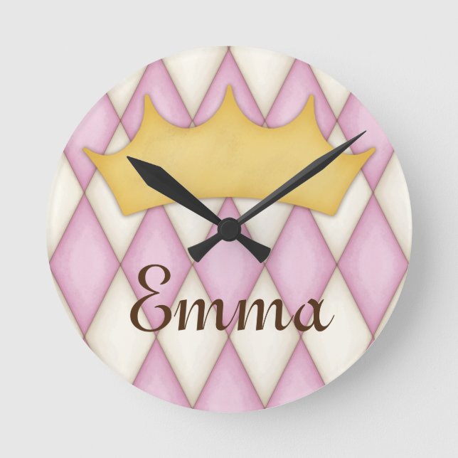 Pink Diamond Check Personalized Name Princess Round Clock (Front)