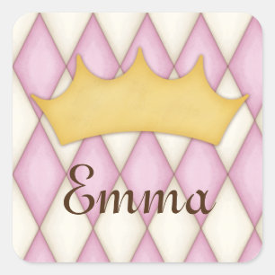 Pink Diamond Check Personalized Name Princess Square Sticker