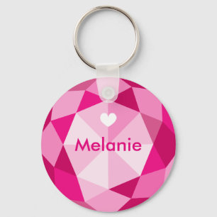 Pink diamond gem stone custom name button keychain