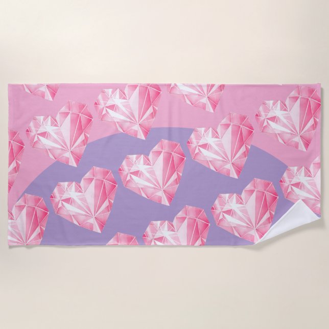 Pink Diamond Heart Pattern  – Cute & Stylish Beach Towel (Front)