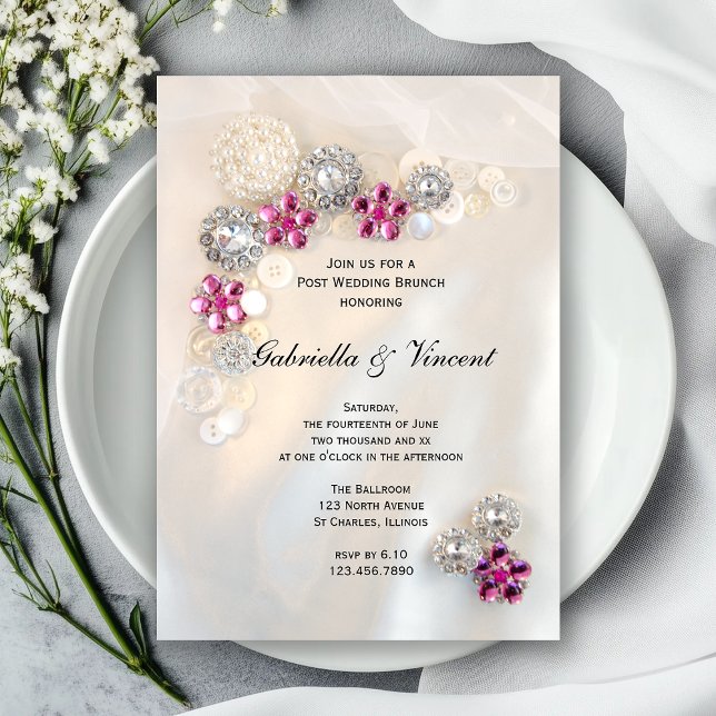 Pink Diamond Pearls Buttons Post Wedding Brunch Invitation (Creator Uploaded)