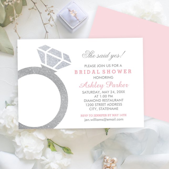Pink Diamond Ring Glitter Wedding Bridal Shower Invitation (Creator Uploaded)