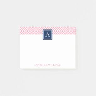 Pink Diamonds Pattern and Navy Monogram Post-it Notes