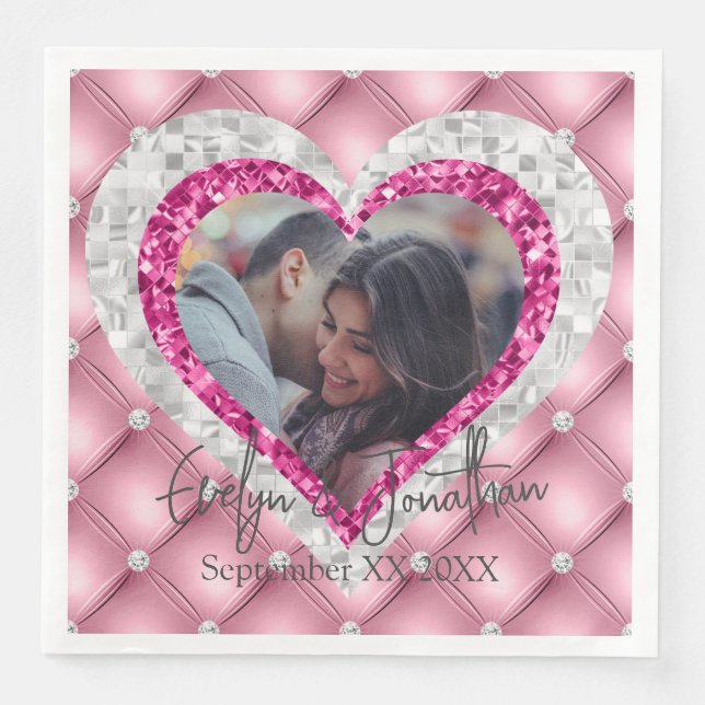 Pink Diamonds Silver Heart Frame Custom Photo Napkin (Front)