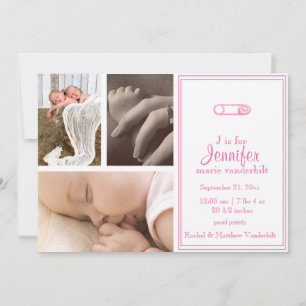 Pink Diaper Pin Baby Photo Announcement