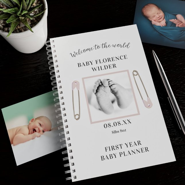 Pink Diaper Pins Baby's First Year Planner (Welcome to the world! Just add a photo and your baby's name, birth date and weight)