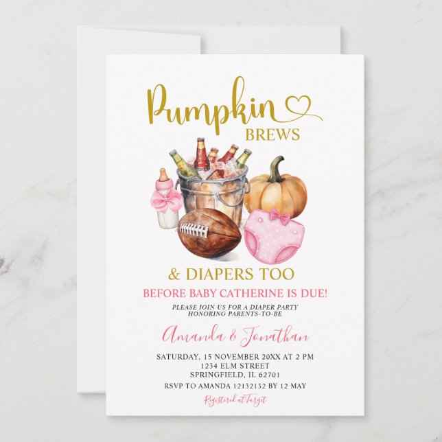 Pink Diaper Pumpkins Brews Girl Fall Gender Reveal Invitation (Front)