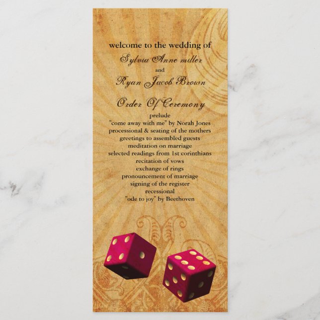 pink dice Vintage Vegas wedding program (Front)