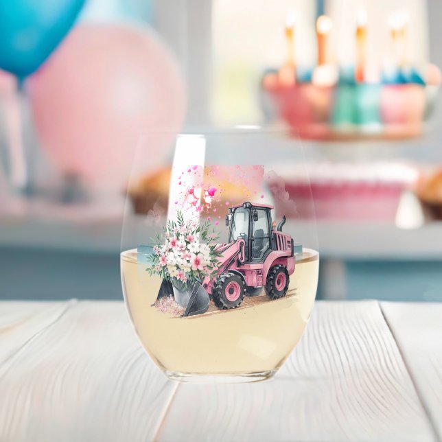Pink Digger Bucket of Flowers Stemless Wine Glass (Insitu (Baby Shower))