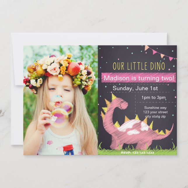 Pink Dino Birthday invitation with Photo (Front)