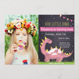Pink Dino Birthday invitation with Photo