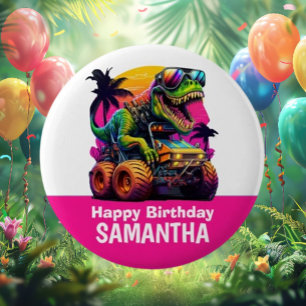 PINK Dino-Mite MONSTER TRUCK Birthday Party 2 Inch Round Button