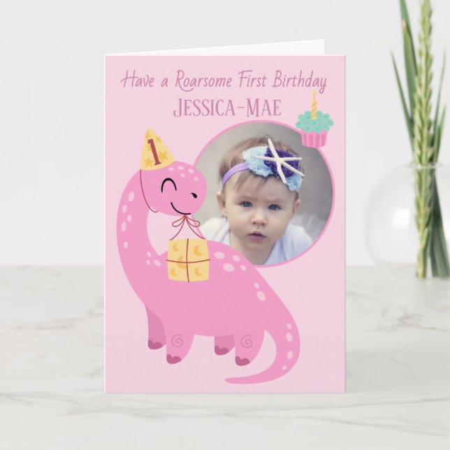 Pink Dinosaur 1st Birthday Card (Front)