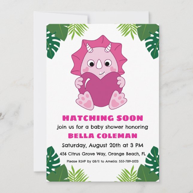 pink dinosaur baby shower invitations (Front)