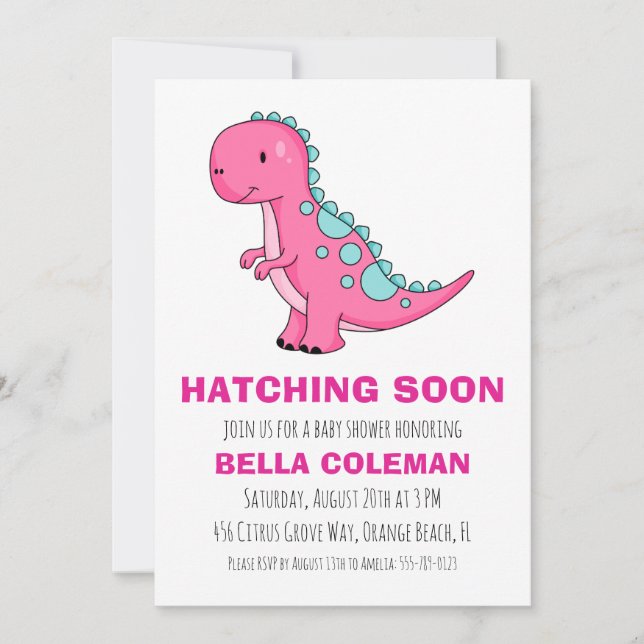 pink dinosaur baby shower invitations (Front)