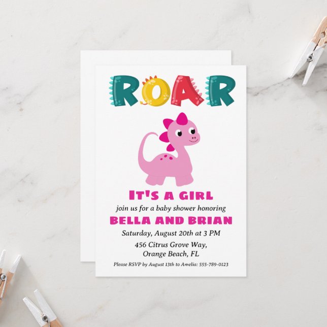 pink dinosaur baby shower invitations (Front/Back In Situ)