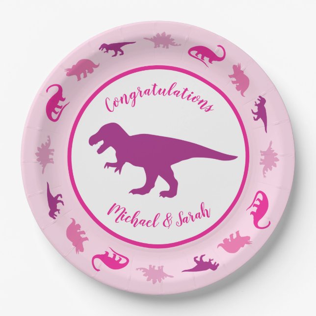 Pink Dinosaur Baby Shower Paper Plate (Front)